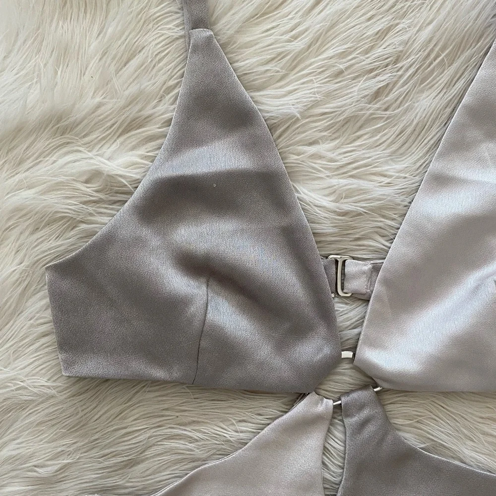 Bec + Bridge Stone Grey Satin Colorblock Felix V Cut Out Maxi Dress - Picture 5 of 14